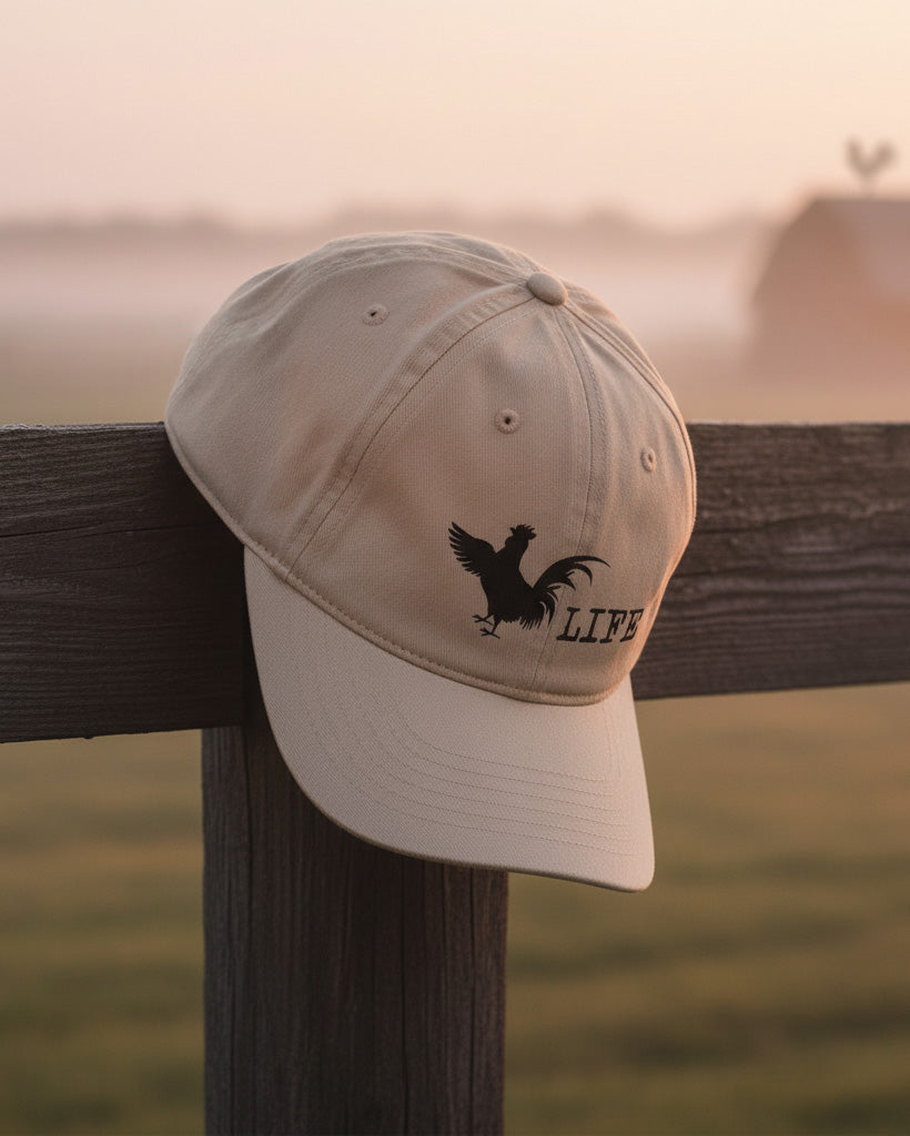 chicken life hat hanging on a fence